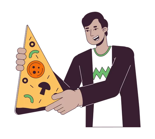 Hombre indio optimista con una gran porción de pizza  Ilustración