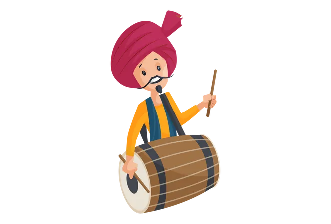 Hombre indio tocando el tambor en Navratri  Ilustración