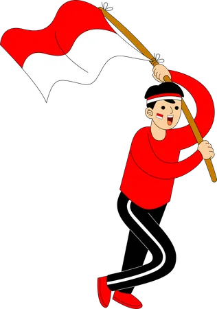 Hombre indonesio corriendo con la bandera de Indonesia  Ilustración