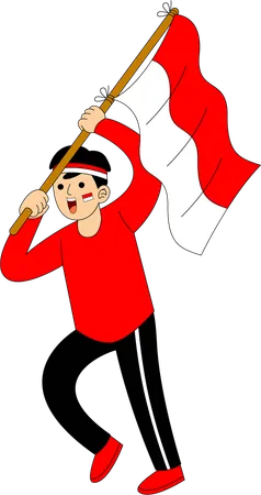 Hombre indonesio sosteniendo la bandera de Indonesia  Ilustración