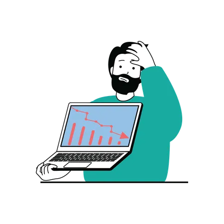 Hombre infeliz que presenta el gráfico de pérdidas en la computadora portátil  Ilustración