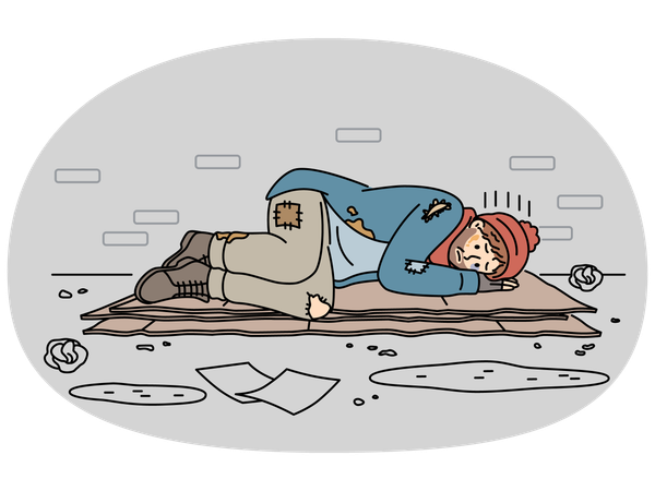 Hombre sin hogar infeliz durmiendo en la calle  Ilustración