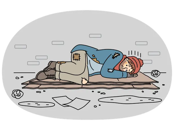 Hombre sin hogar infeliz durmiendo en la calle  Ilustración