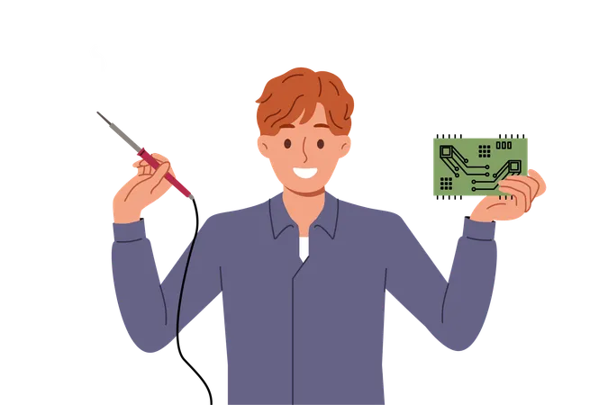 Un ingeniero con circuito electrónico y herramienta eléctrica en las manos se regocija con la invención de una nueva PCB  Illustration