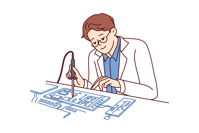 El hombre ingeniero utiliza soldador para reparar la placa base del ordenador  Ilustración