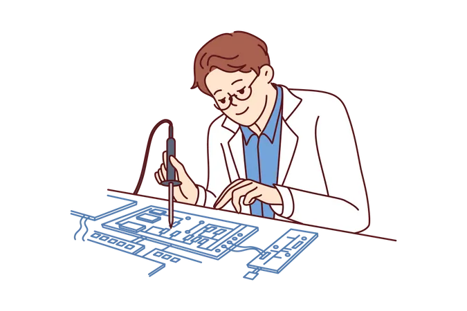 El hombre ingeniero utiliza soldador para reparar la placa base del ordenador  Ilustración