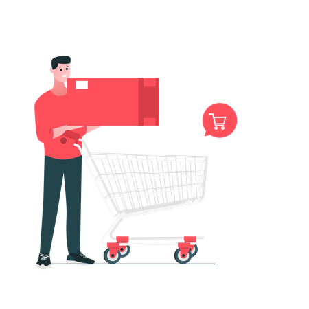 Hombre insertar carrito de compras de mercancías  Ilustración