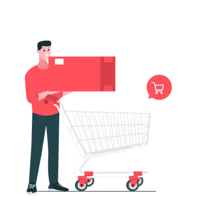 Hombre insertar carrito de compras de mercancías  Ilustración