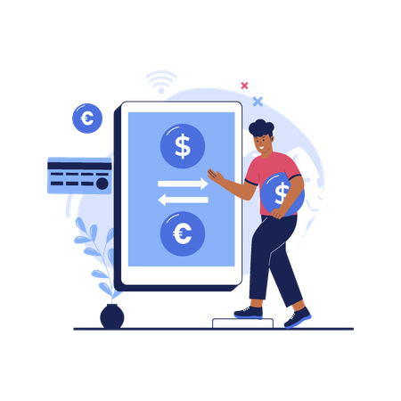 Hombre intercambiando dinero usando una aplicación móvil  Illustration