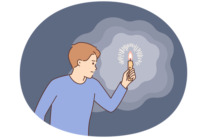 Un hombre intrigado lleva una vela encendida iluminando el camino en la oscuridad, oyendo un crujido o sonido.  Ilustración
