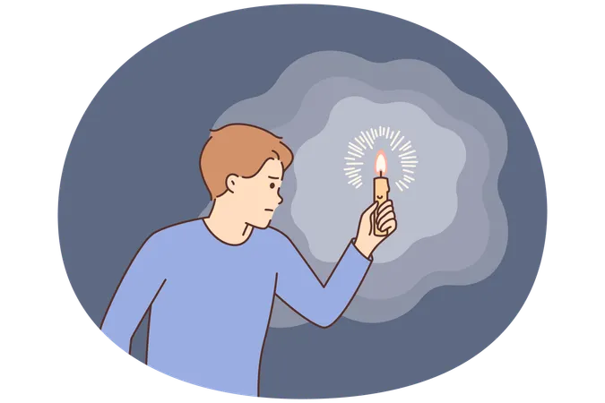 Un hombre intrigado lleva una vela encendida iluminando el camino en la oscuridad, oyendo un crujido o sonido.  Ilustración