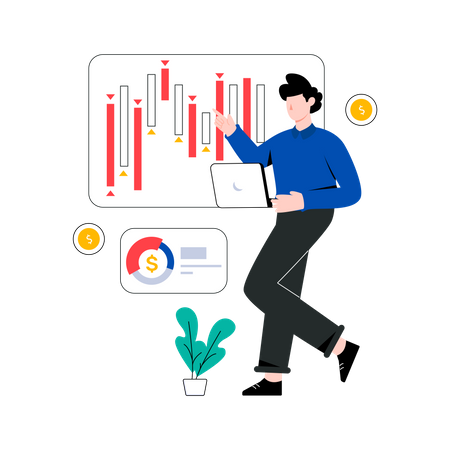 Hombre de investigación sobre el mercado financiero  Ilustración