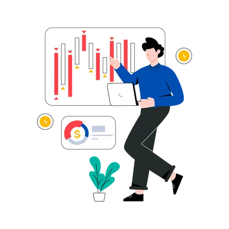 Hombre de investigación sobre el mercado financiero  Ilustración