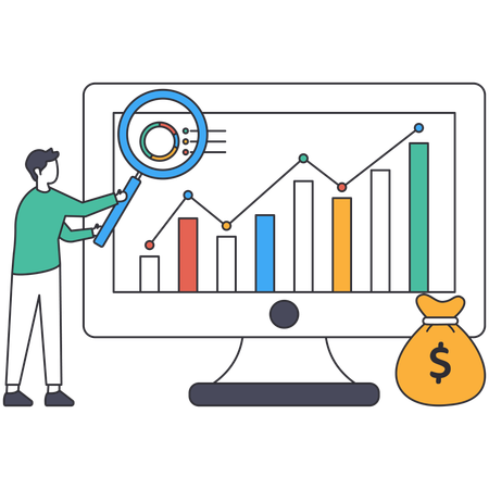 Hombre de investigación sobre el sistema de gestión financiera  Ilustración