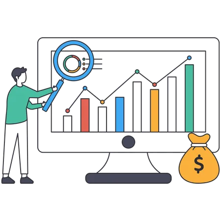 Hombre de investigación sobre el sistema de gestión financiera  Ilustración