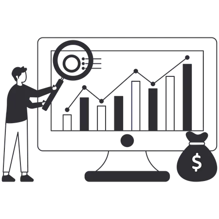 Hombre de investigación sobre el sistema de gestión financiera  Ilustración