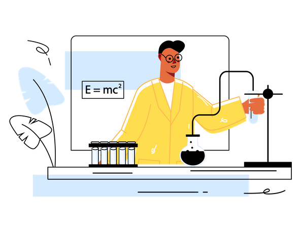 Hombre investigador hace prueba usando matraces  Ilustración