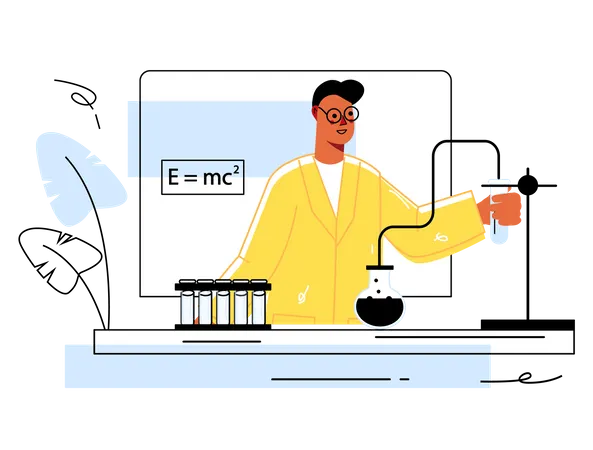 Hombre investigador hace prueba usando matraces  Ilustración