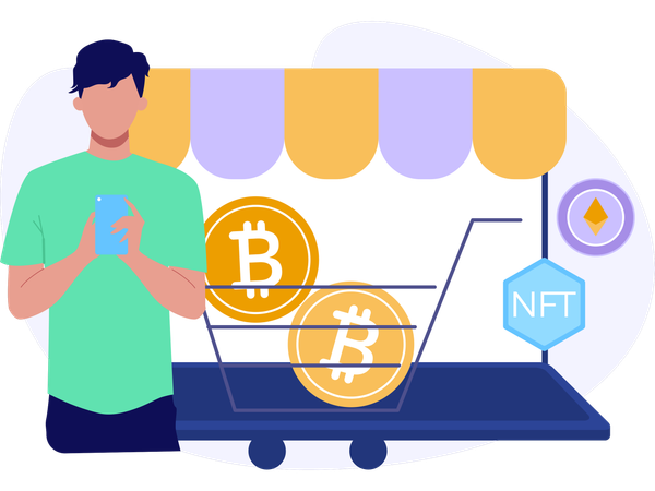 Hombre invirtiendo dinero en NFT Marketplace  Ilustración