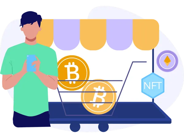 Hombre invirtiendo dinero en NFT Marketplace  Ilustración