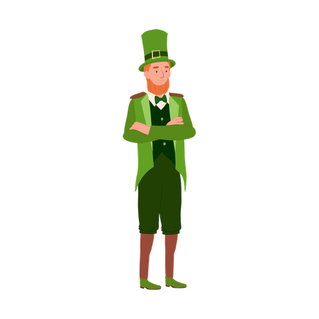 Hombre irlandés sonriente disfrazado de duende para el día de San Patricio  Ilustración