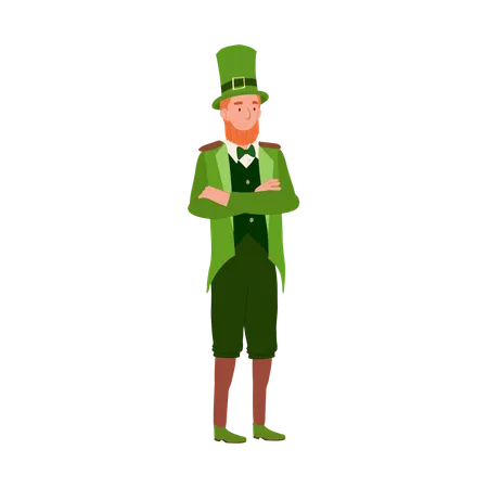 Hombre irlandés sonriente disfrazado de duende para el día de San Patricio  Ilustración