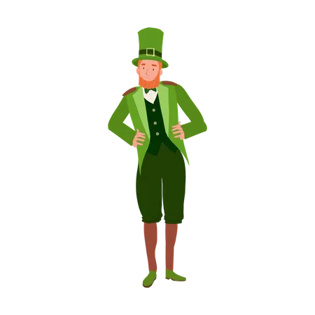 Hombre irlandés sonriente disfrazado de duende para el día de San Patricio  Ilustración