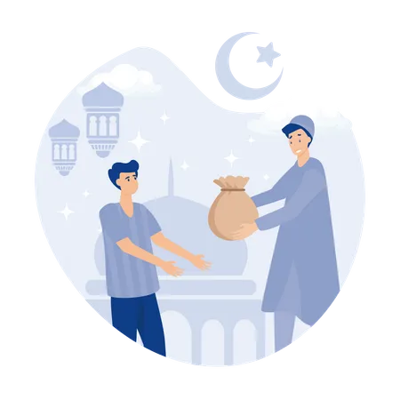 Hombre islámico dando sadaqa a un mendigo  Ilustración