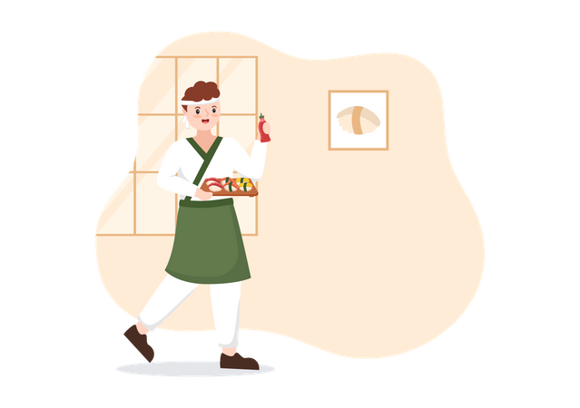 Hombre japonés sosteniendo plato de sushi Ilustración