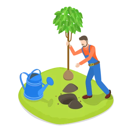 Hombre jardinero haciendo labores agrícolas  Ilustración