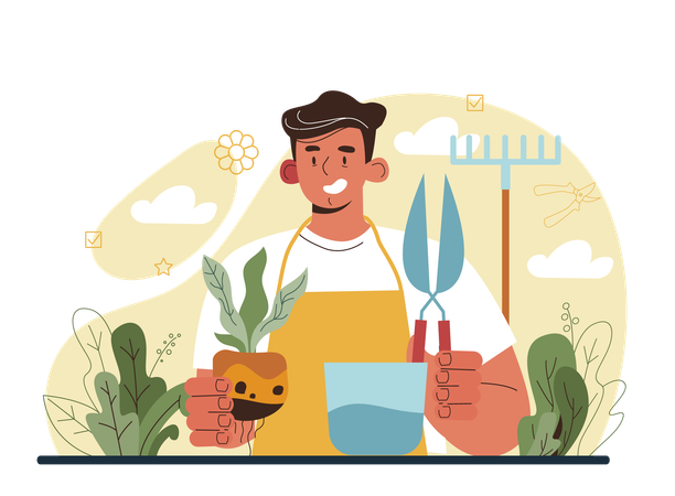 Plantación de jardinero masculino  Ilustración