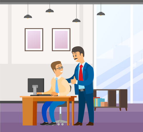 El jefe elogia al joven subordinado sonriente sosteniendo su hombro  Ilustración