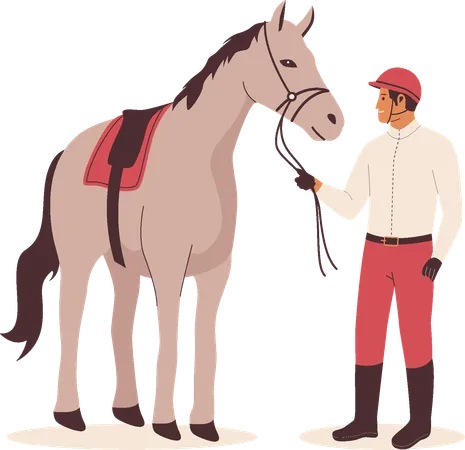 Hombre jockey con caballo de carreras  Ilustración