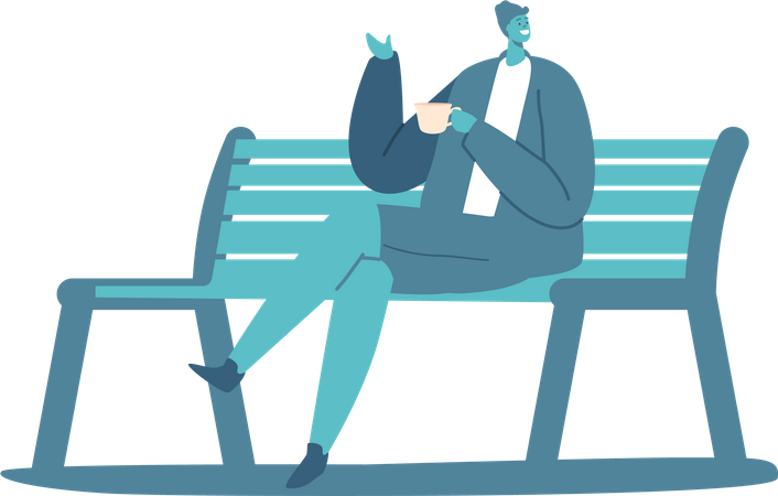 Varón joven con taza de café sentado en un banco  Ilustración
