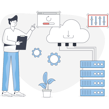 Joven configurando una base de datos en la nube  Illustration