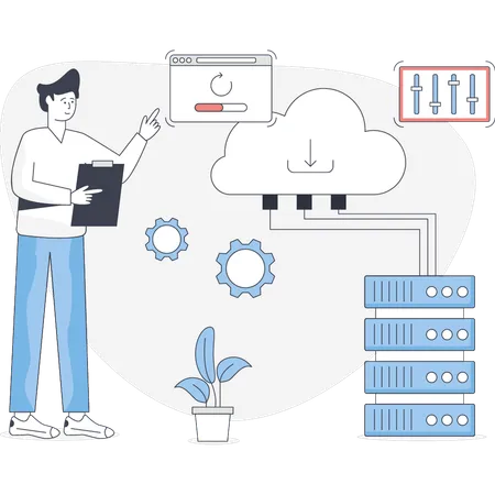 Joven configurando una base de datos en la nube  Illustration