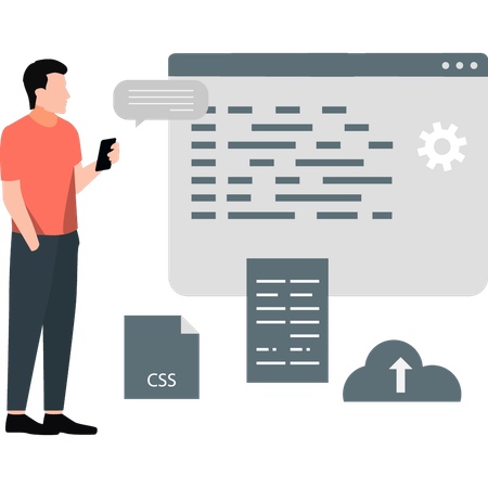 Hombre joven configurando la transferencia de datos a la nube  Ilustración