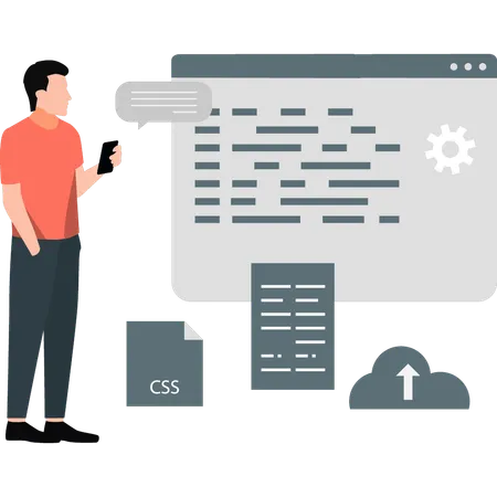 Hombre joven configurando la transferencia de datos a la nube  Ilustración