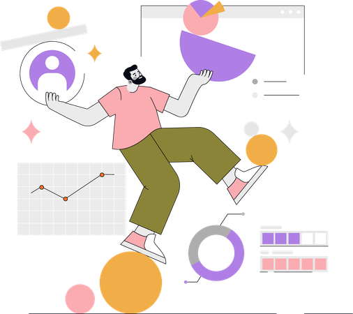 Un joven enfrenta el desafío del equilibrio empresarial  Ilustración