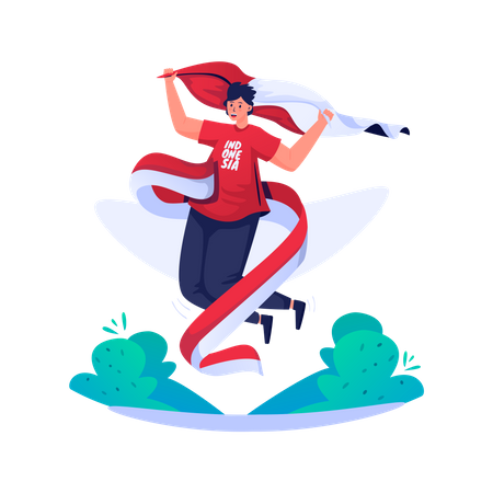 Hombre joven saltando con bandera indonesia  Illustration