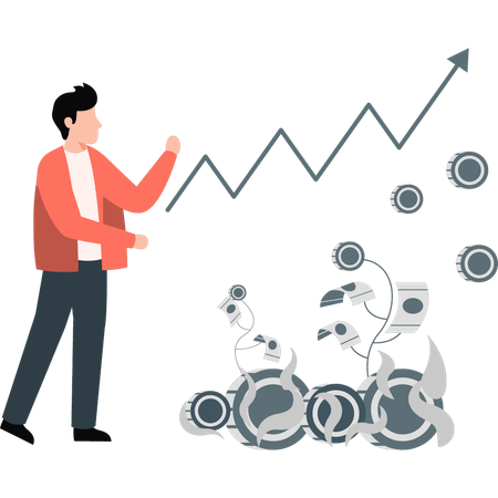 Joven señalando gráfico de crecimiento de negocio de inversión  Ilustración