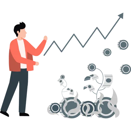 Joven señalando gráfico de crecimiento de negocio de inversión  Ilustración