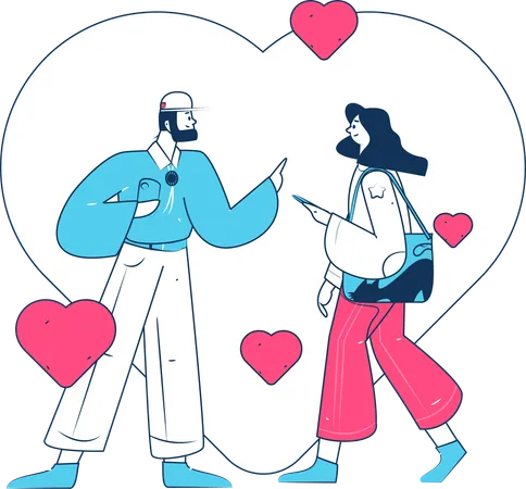 Hombre joven y mujer celebrando el día de San Valentín.  Ilustración