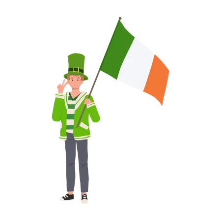Hombre jovial con bandera irlandesa en traje verde  Ilustración
