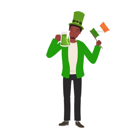 Hombre jovial con bandera irlandesa en traje verde  Ilustración