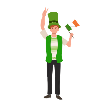 Hombre jovial con bandera irlandesa en traje verde  Ilustración