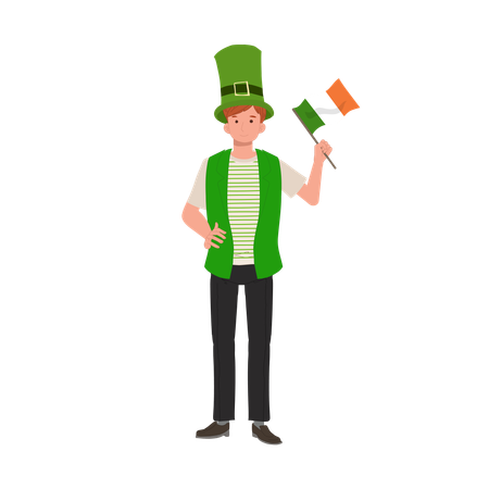 Hombre jovial con bandera irlandesa en traje verde  Ilustración