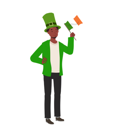 Hombre jovial con bandera irlandesa en traje verde  Ilustración