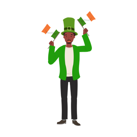 Hombre jovial con bandera irlandesa en traje verde  Ilustración