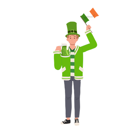 Hombre jovial con bandera irlandesa y vaso de cerveza  Ilustración